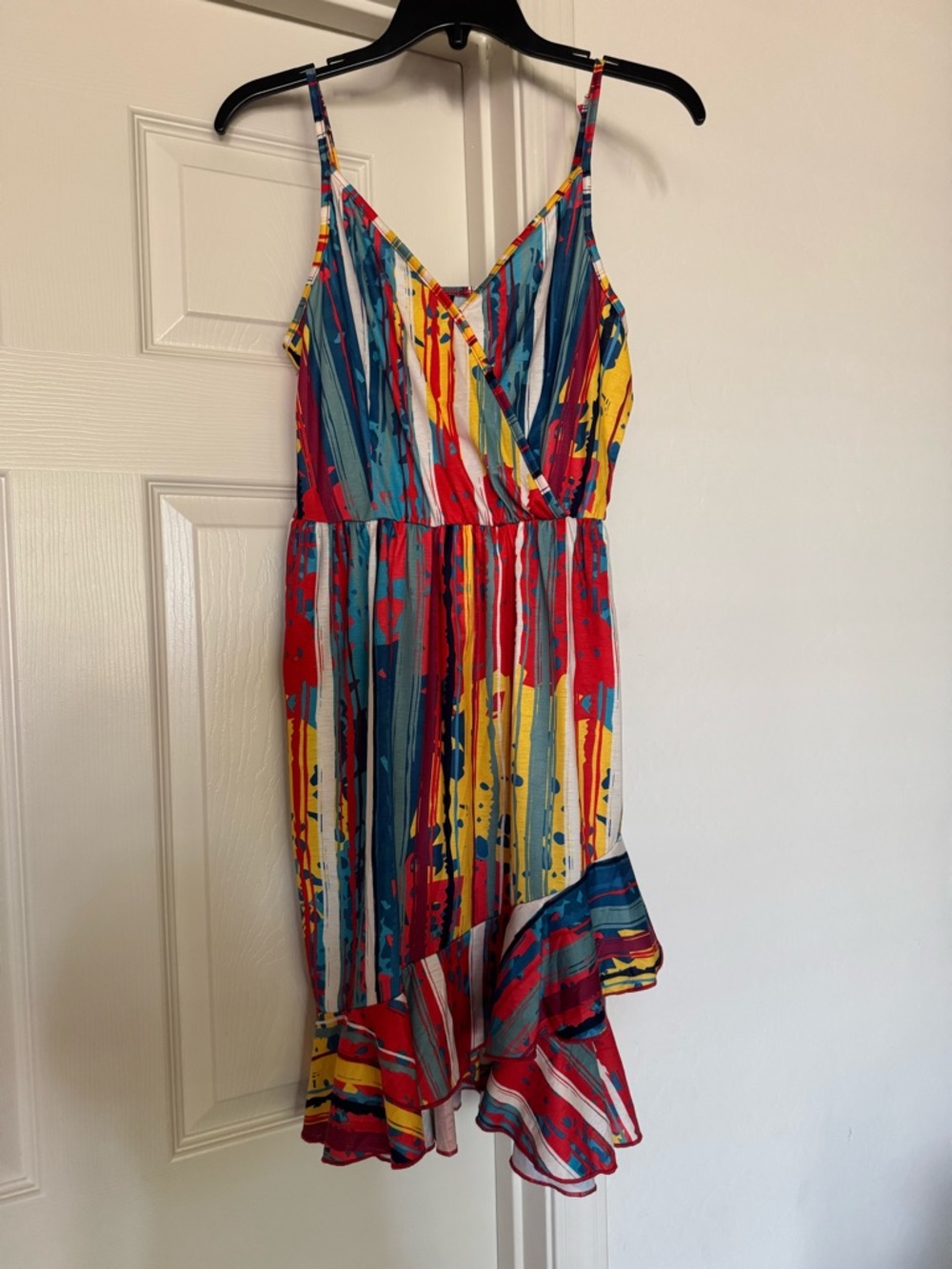 Colorful sleeveless sundress watercolor brushstroke print neck, & ruffled hem MD